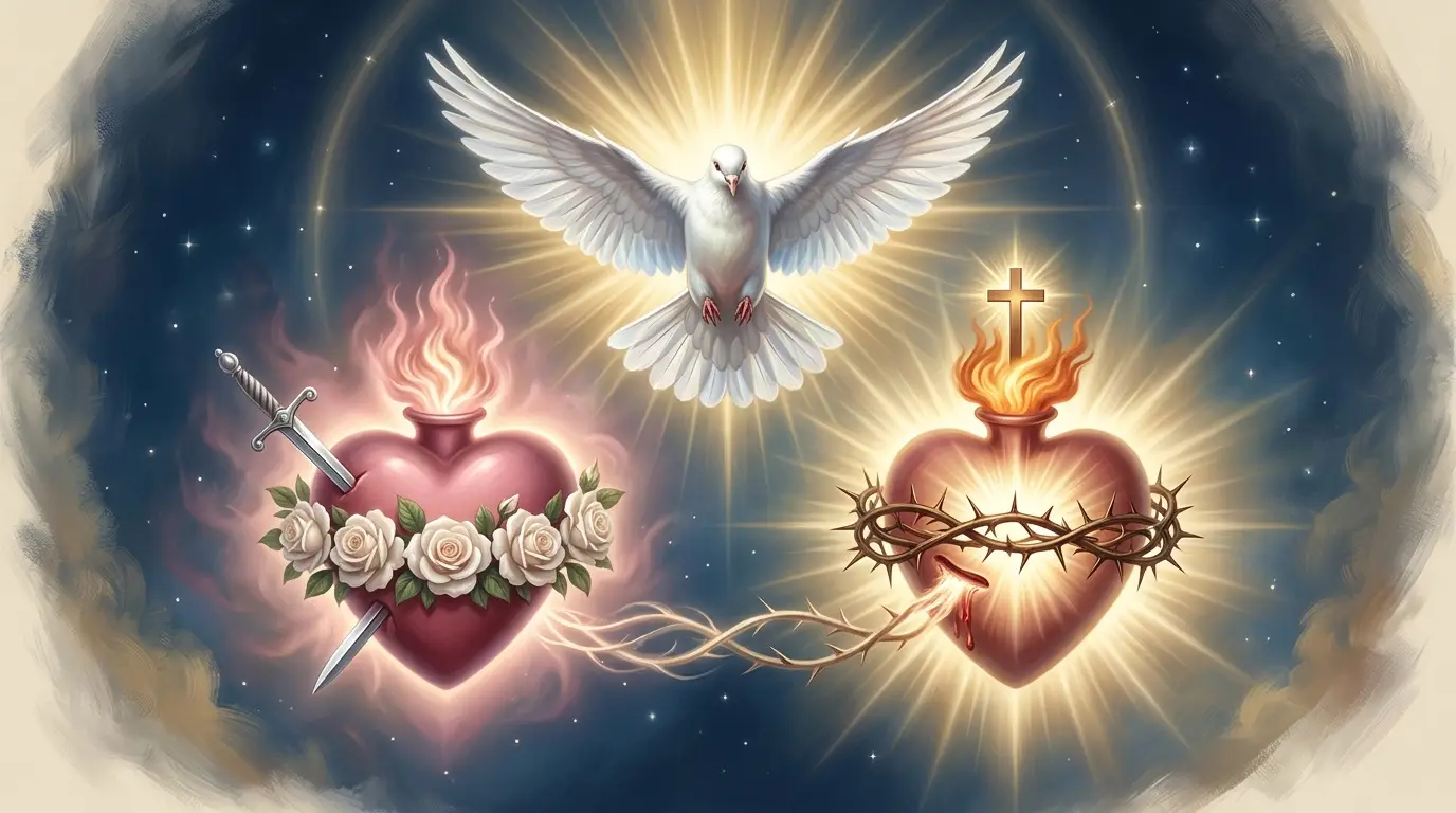 Sagrados Corazones de Jesús y María con el Espíritu Santo descendiendo en forma de paloma